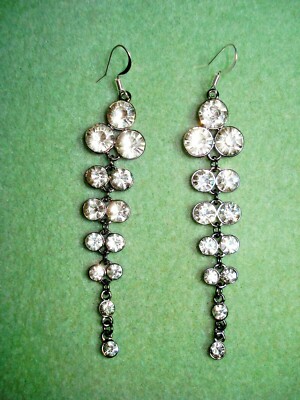 3 1/2'' Drop Dangle Clear Rhinestone Swishy Silver Plated Earrings