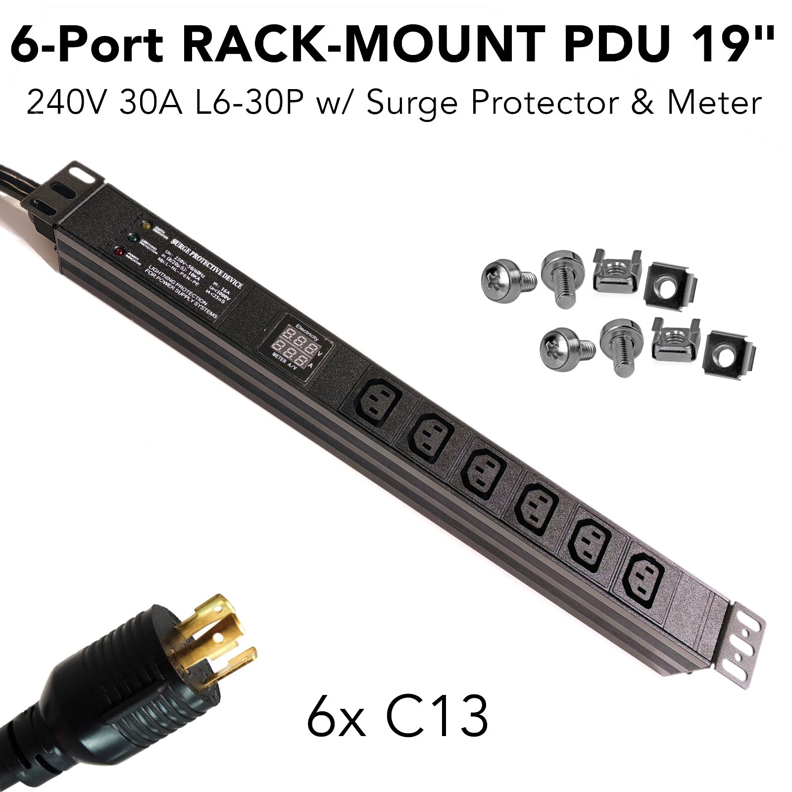 1U Server Surge Protected PDU Rackmount 30A L6-30P 6 x C13