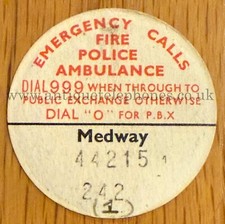 Genuine GPO telephone dial label MEDWAY 44215  BB