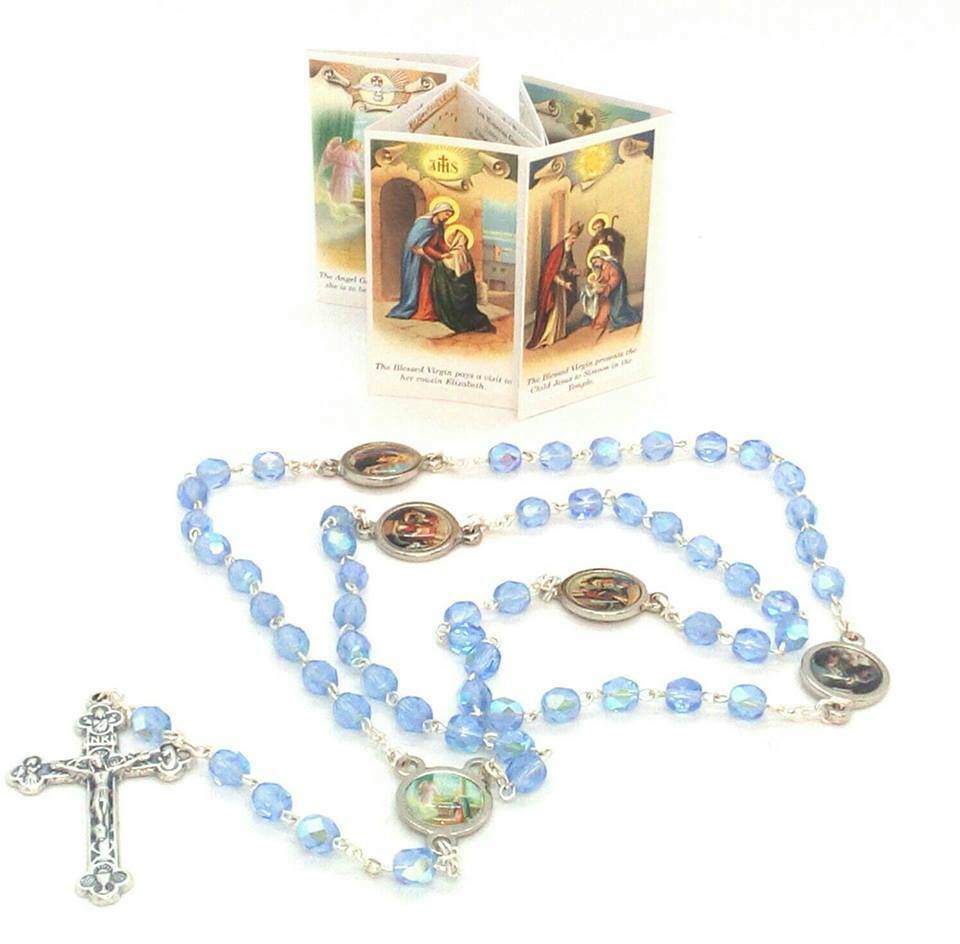 Joyful Mysteries Blue Italian Crystal Rosary Beads, Stamped Made in Italy