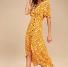 Lulus After-Bloom Delight Golden Yellow Floral Print Button Front Midi Dress XS