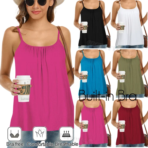 Women Swing Flowy Cami with Built in Bra Seamless Strap Tank Tops Plus Size Vest - Picture 1 of 55