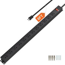 12 Outlet Long Power Strip with 15A Circuit BreakerBlack Wall Mount Heavy Dut...
