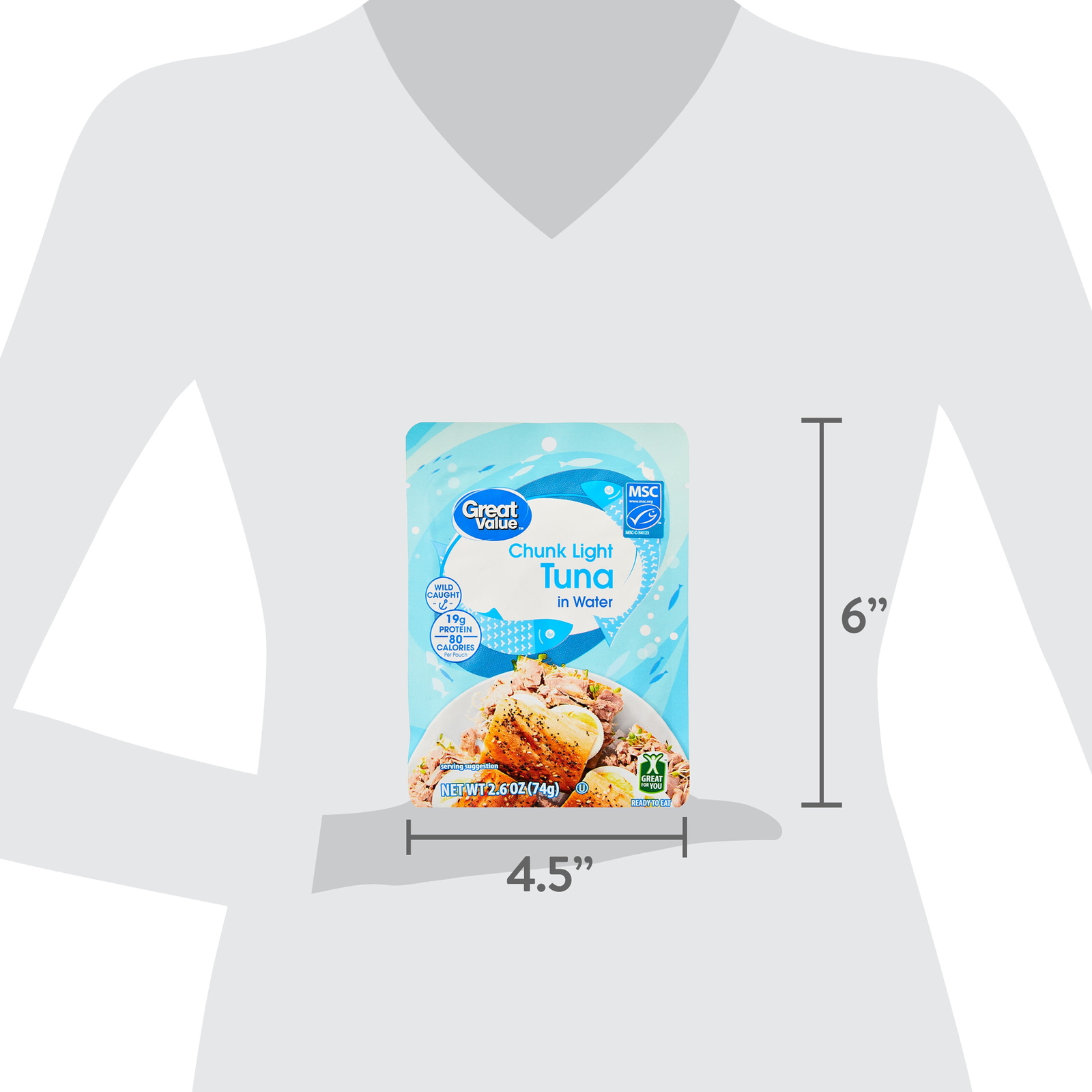 (6 pack) Great Value Chunk Light Tuna in Water, 2.6 oz Pouch