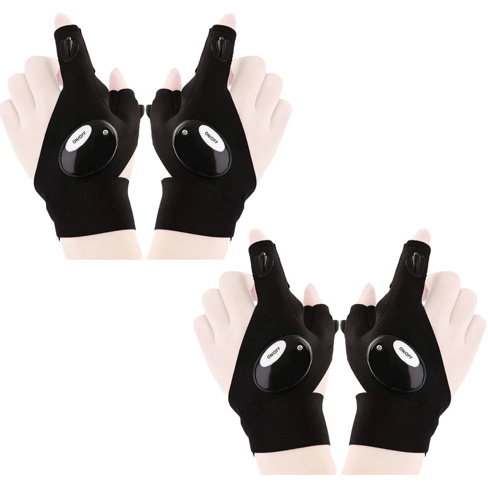 US 2 Pair LED Flashlight Glove Fingerless Outdoor Fishing Camping Hiking Glove - Image 2 of 4