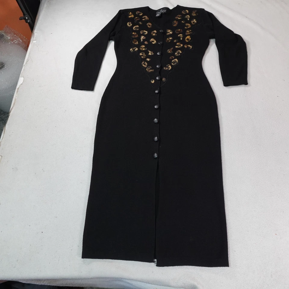 Vintage Carol Little Cheetah Dress Womens Large Black Button Maxi Animal Print