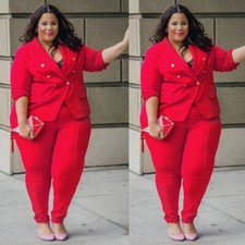Plus Size Red Women Suits Double Breasted Blazer Formal Ladies Office Work Wear