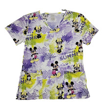 Disney Scrub Top Womens XS Mickey Minnie Mouse Purple Multi Color Nurse Aide