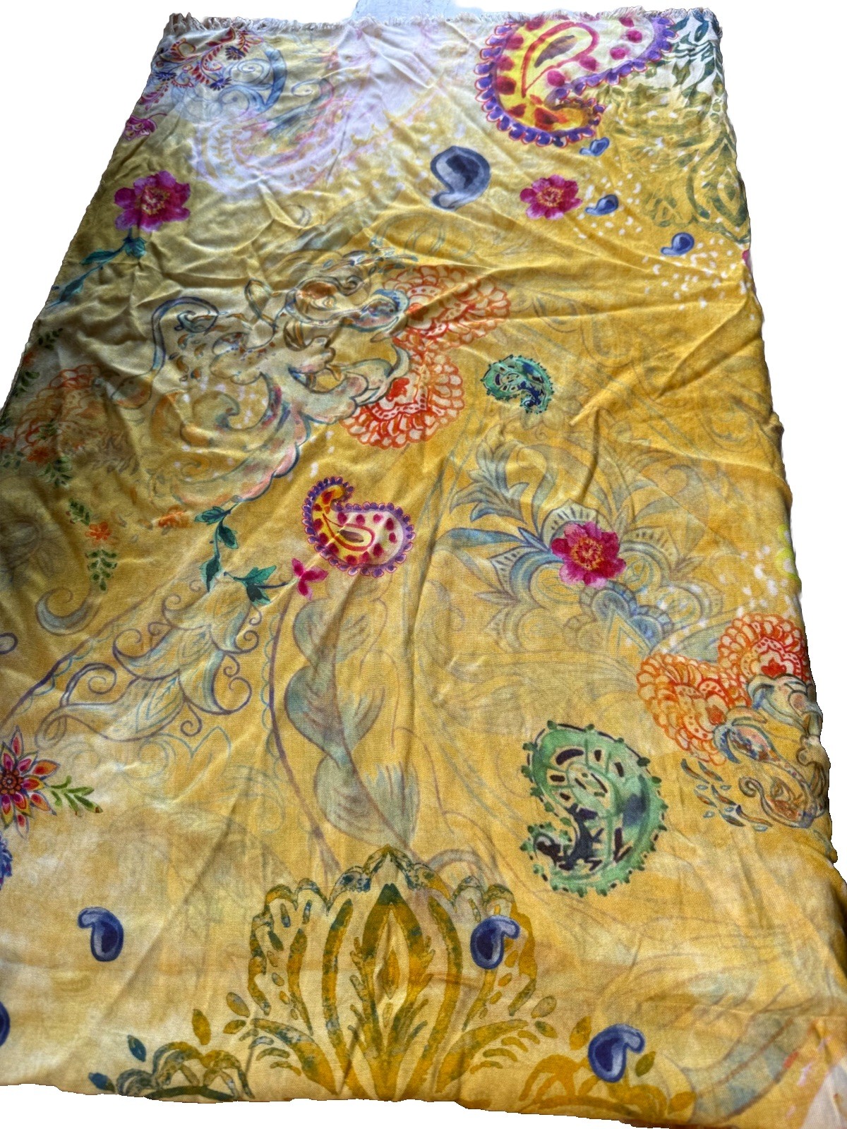 Yellow Purple Blue Green Paisley Scarf Fringe Boho Soft