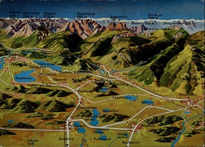 Alps aerial Fussen Allgau Germany vintage map postcard q754