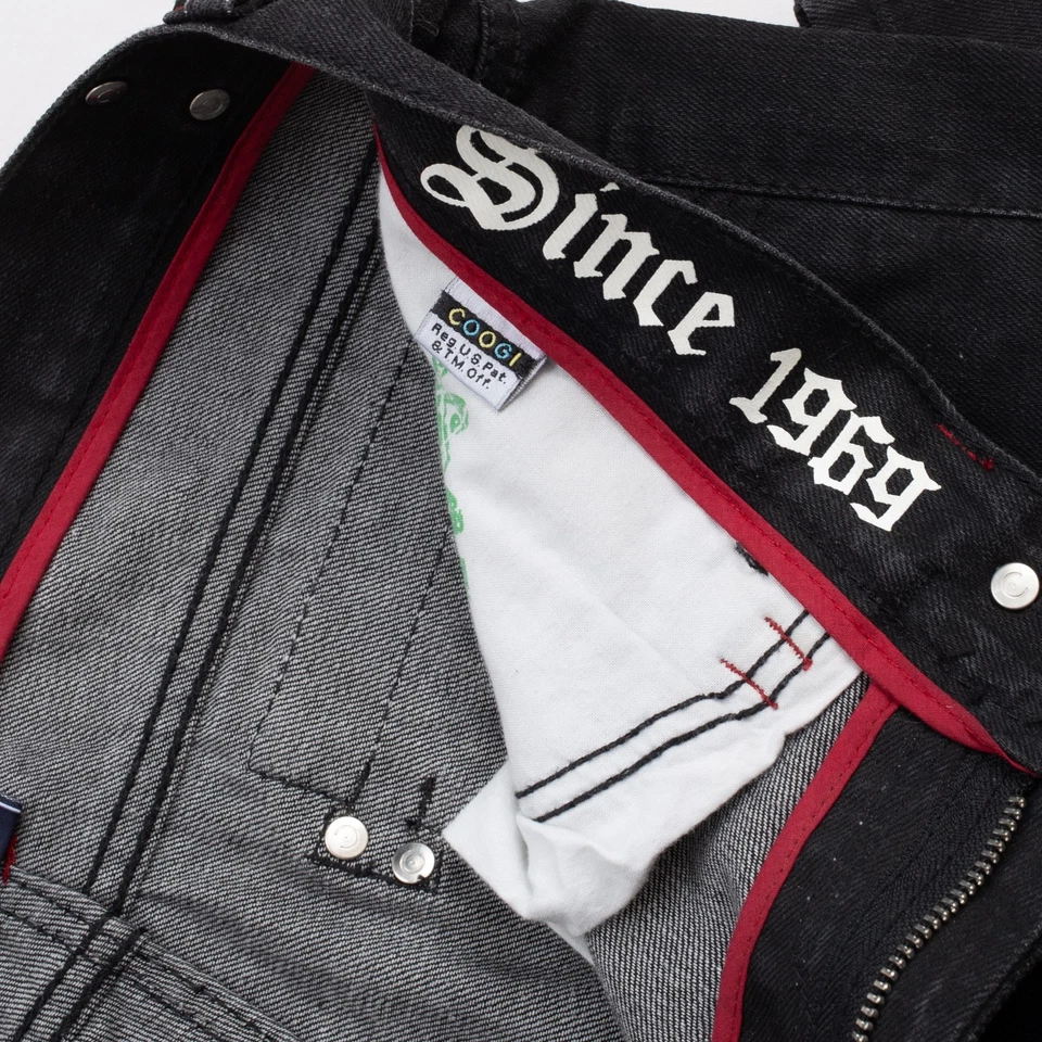 Jeans Coogi Talla W36 L34 Hombres Negro Algodón Denim Adornado Multi Cremallera Bolsillos Foto 4 de 4