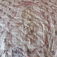 Vintage Precious Moments Baby Bunny Girls Bow Quilt Blanket 36x45 Ruffles