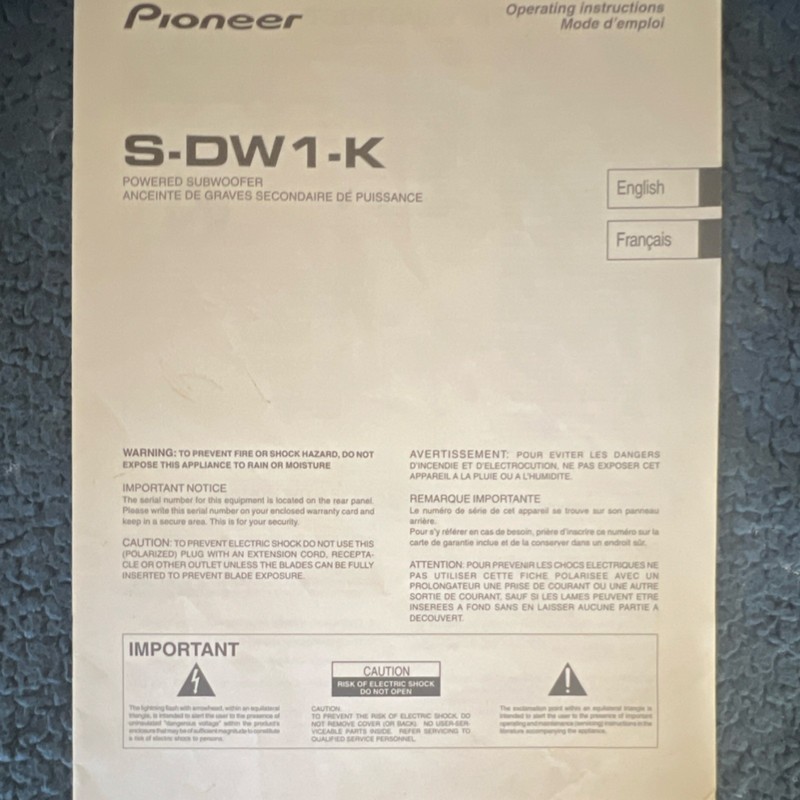 Pioneer S-DW1-K Powered Subwoofer Operating Instructions Manual English French