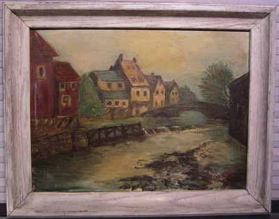 Vtg Oil Painting Cityscape European Town Signed 1956