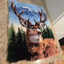 Finished 20"X29" 10 Point Buck Deer Latch Hook Rug Mountain Pine Tree Cabin Camp