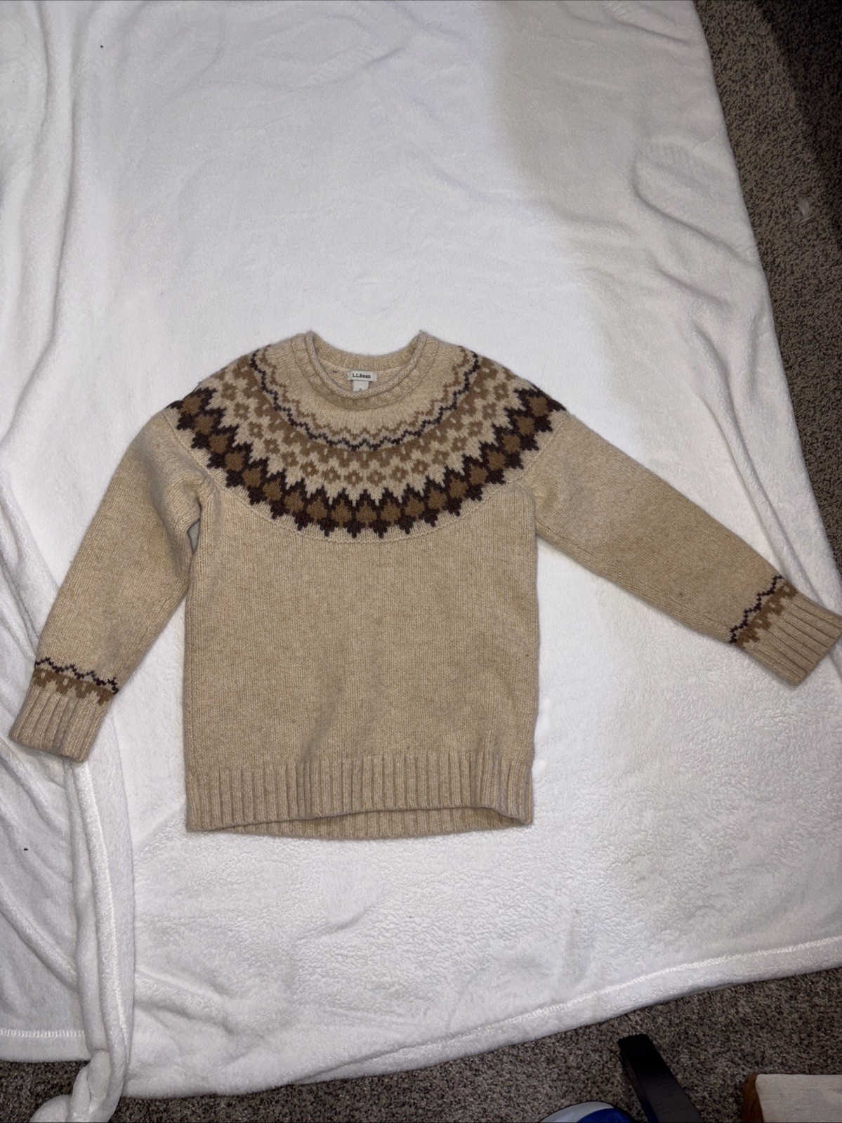 LL Bean Nordic Pattern Wool Blend Sweater Beige Brown Knit Jumper
