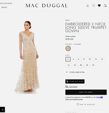 $798 Mac Duggal [ 14 ] 70239 Embroidered Long Sleeve Trumpet Gown Nude #Q803