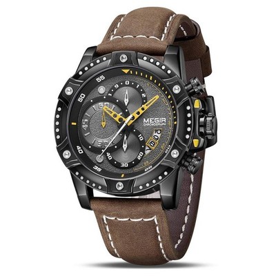MEGIR Men's Analog Business Quartz Chronograph Watch with Brown Leather Strap...