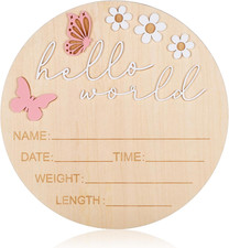 Hello World Newborn Sign, 5.9 Inch Wooden Baby Announcement Sign Pink Butterfly