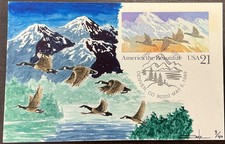 UX131 1st day of issue Hand Painted Cachet-America the Beautiful, Canadian Geese