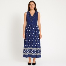 TONI TODD Vintage 70s Navy Polka Dot Embroidered Maxi Dress Ruffle Neckline 4
