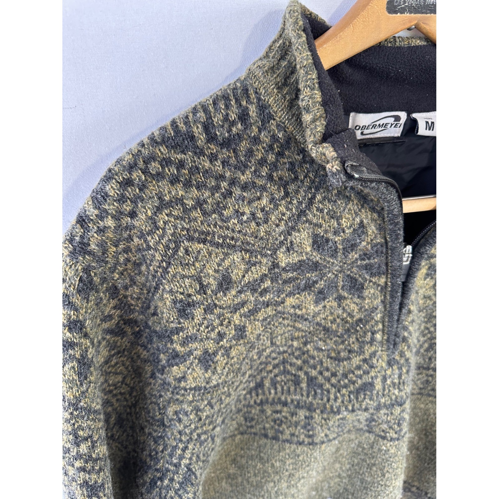 Obermeyer Sweater 1/4 Zip Fair Isle Wool Mens M Olive Green Excellent image 5