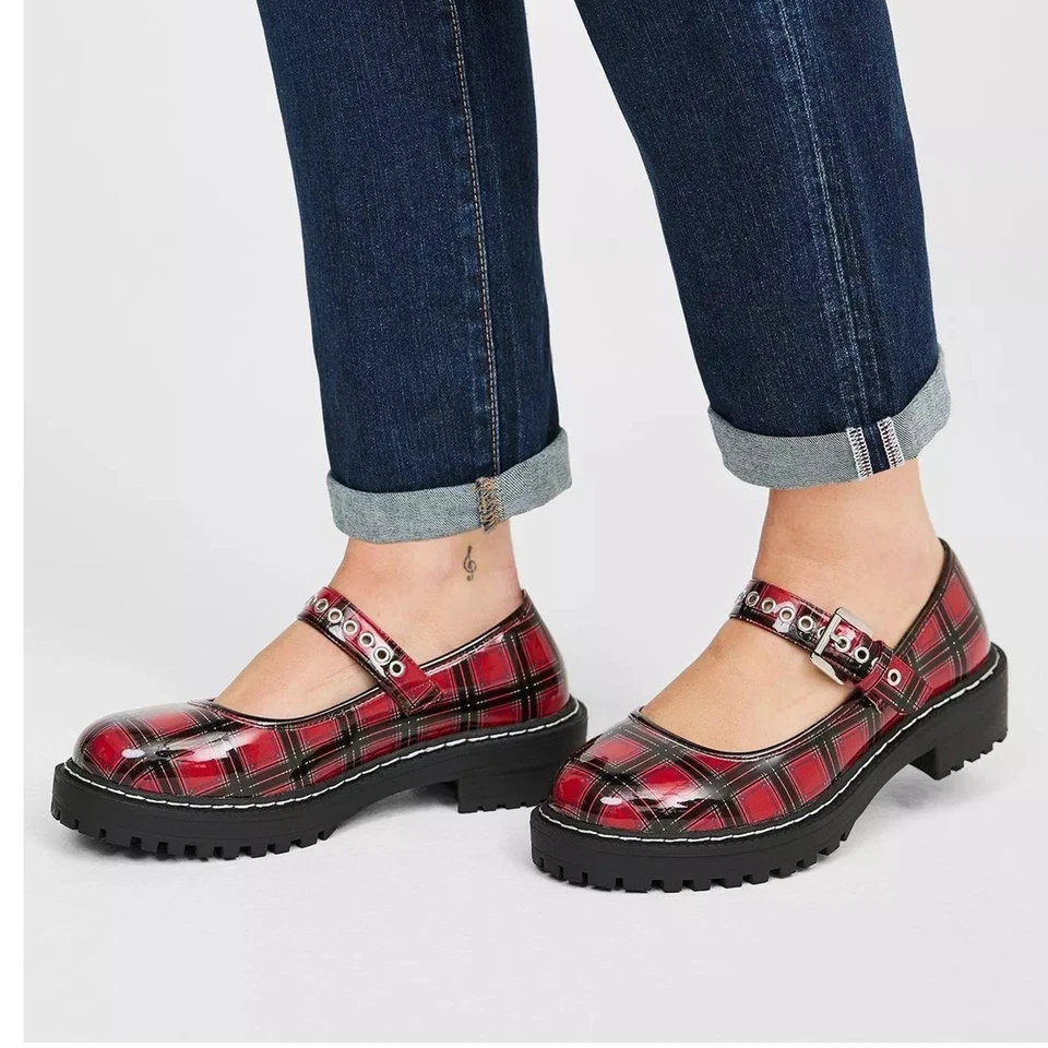 Torrid 8WW Red Plaid Patent Mary Jane Lug Shoe Buckle Shoes Punk Gothic New Wide - Image 2 of 3