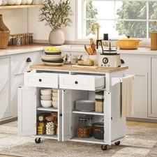 Rolling Kitchen Island Cart with Rubber Wood Top, Spices, and Towel Rack