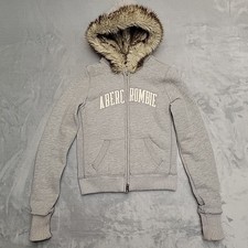 VTG Abercrombie Fitch Hoodie Womens M Gray Faux Fur Lined Hooded Sweatshirt Y2K