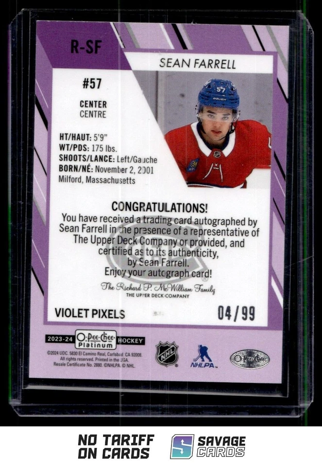 2023-24 O-Pee-Chee Platinum Rookie Auto Violet Pixels Sean Farrell /99 #R-SF - Image 2 of 3