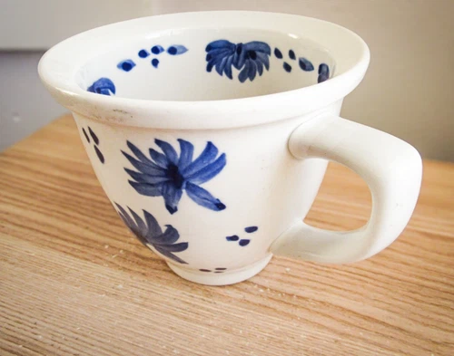 White Pottery Mug W Hand-Painted Blue Flowers Coffee & Tea