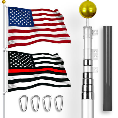 25 Ft Telescoping Flagpole Silver & American and Thin Red Line Flags Spun 3x5 Ft