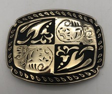 Western Native American Vintage Belt Buckle Made in USA Gold Tone & Black 3.5"