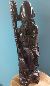 Antique Chinese Hand Carved Hardwood Deity Lamp Base, Silver Wire inset 62cm