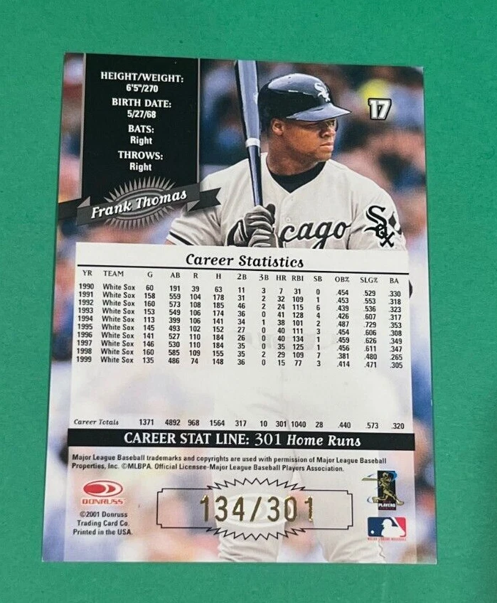 2001 Donruss Career Stat Line Frank Thomas /301 Rare HoF WHITE SOX - Image 2 of 2