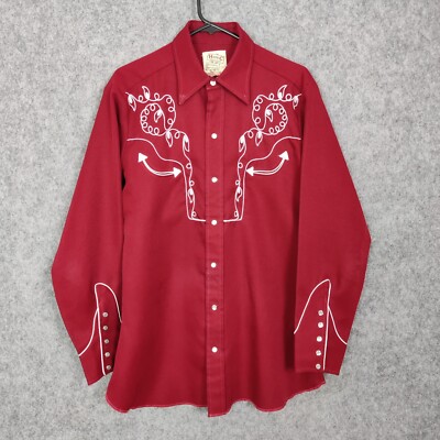 Vintage H Bar C Hemd Herren Medium 16 rot Western Perlen Druckknopf Lächeln Tasche 70er USA