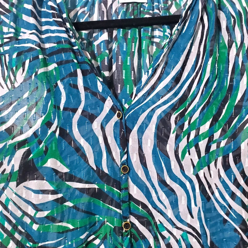 Top Robert Graham Semi Transparente Talla L Verde Azul Estampado Cuentas Mezcla Seda Para Mujer Foto 3 de 4
