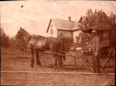 VTG Photo Antique Horse Drawn Carriage, Man in Formal Attire, House