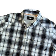 Orvis Trout Bum Pearl Snap Vented Shirt Mens Sz Medium Gray Black Plaid