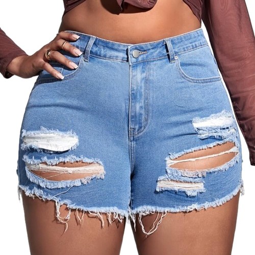 Plus Size Women's Ripped Denim Jean Shorts High Waisted Stretchy Folded Hem Shor