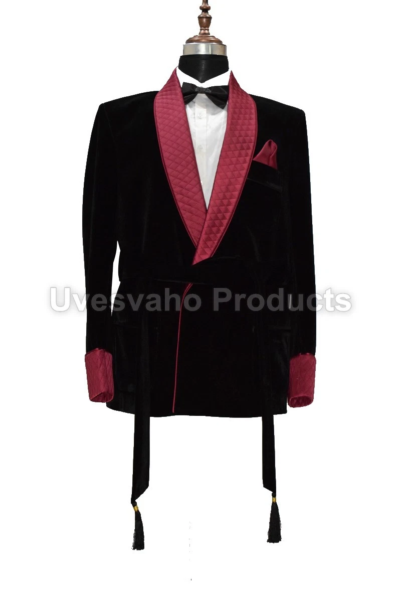 Men Black Smoking Jackets Elegant Designer Quilted lapel Party Wear Blazer UK