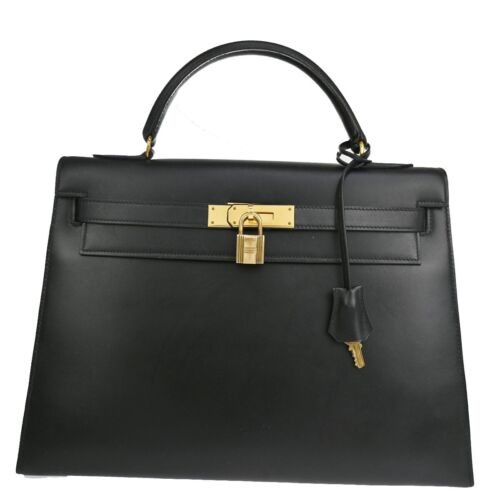 HERMES KELLY SELLIER 32 HAND BAG ◯H BOX CALF LEATHER CADENA BLACK GHW 123RJ507 - Picture 1 of 21