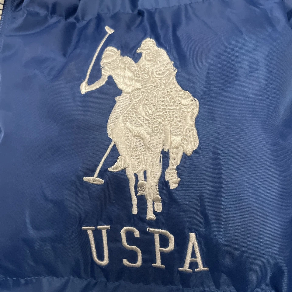 US Polo Assn Men’s Sz Large Puffer  Hooded Vest Double Riders Logo Blue Gray - Image 2 of 4