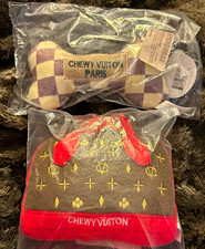 2 Brand New Chewy Vuitton Plush Squeaky Bone Handbag Stuffed Dog Toy Set S