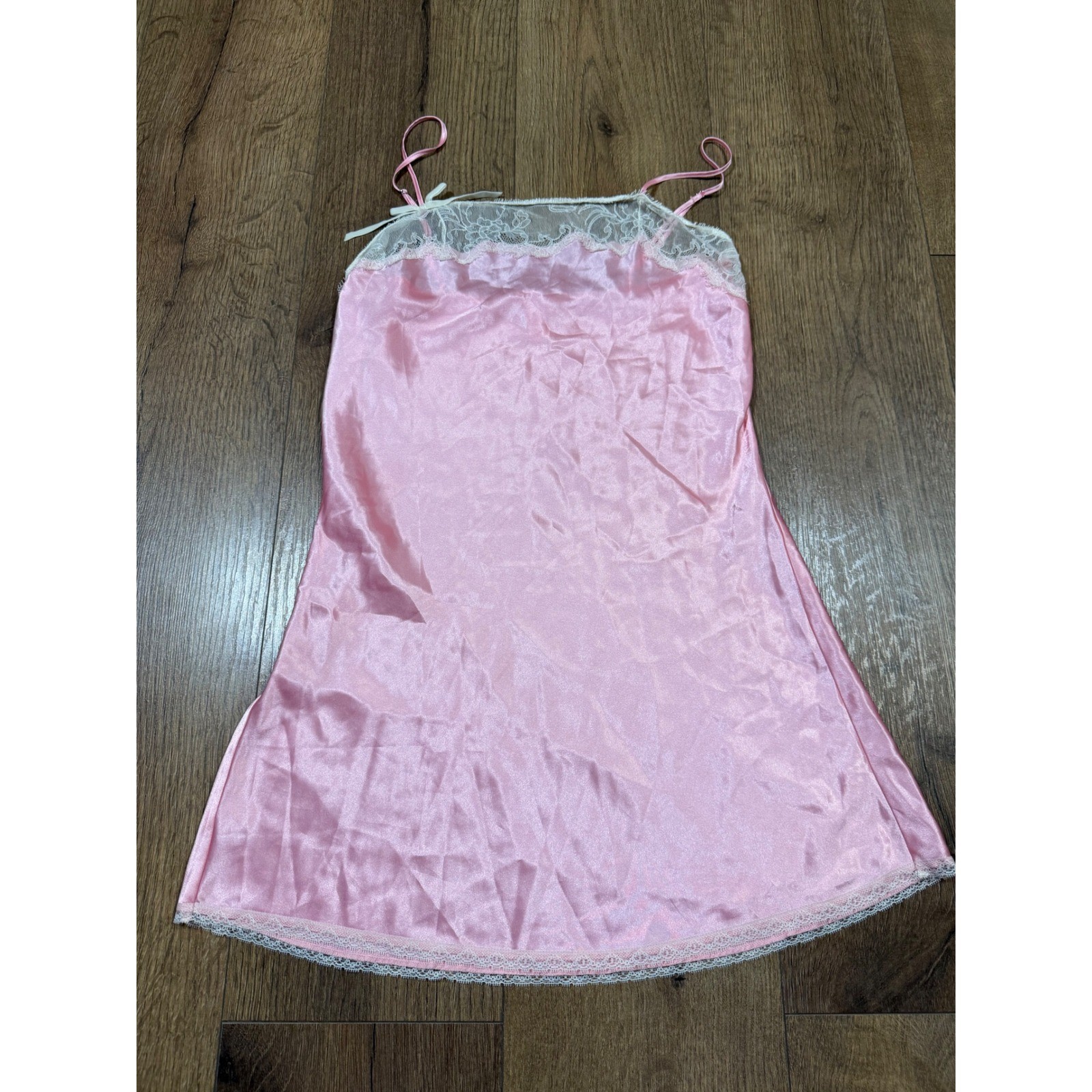 Victorias Secret Pink Satin Lace Trim Chemise Nightgown Slip Dress Small