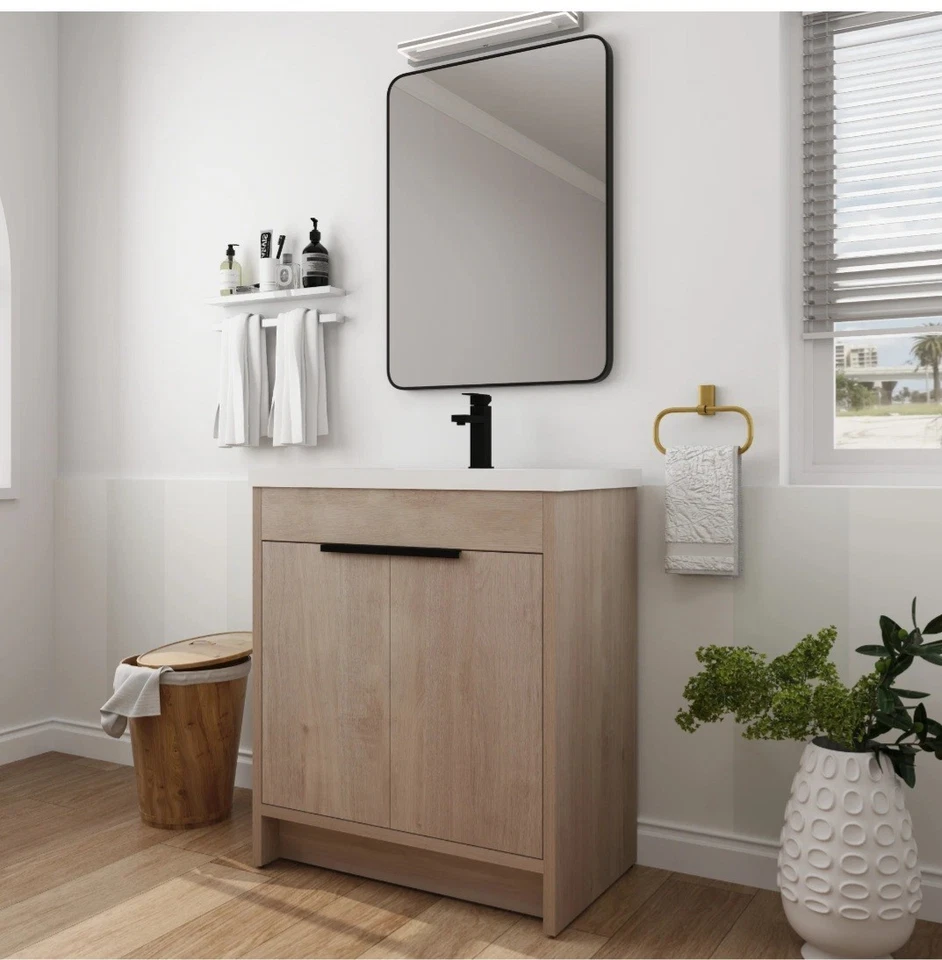 Tocador de baño independiente de 30" con fregadero de resina blanca. Roble claro BVB02430PLO  Foto 2 de 4