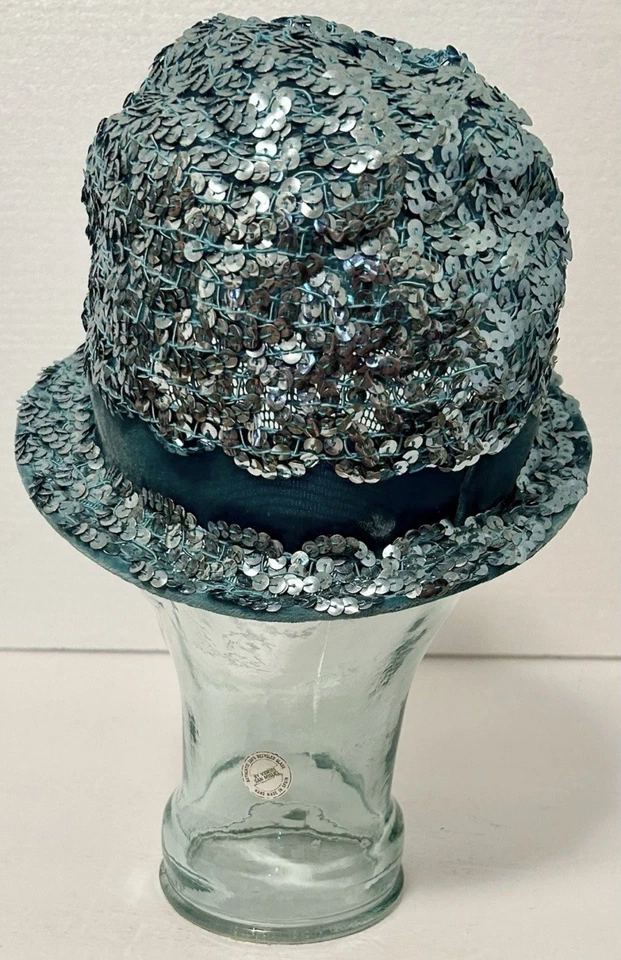 Sombrero de paja turquesa vintage para mujer con lentejuelas y lazo de fieltro - talla 6 3/4 Foto 3 de 4