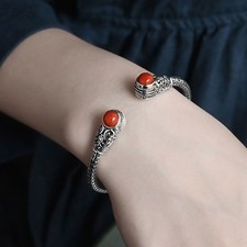 Vintage Carved Bangle Red Agate Inlay Handmade Aged Silver Jewelry