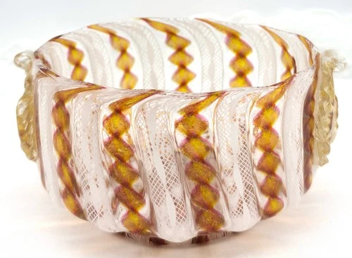 Venetian Murano Zanfirico Ribbon Twist Latticino Glass Bowl Amber & Aventurine