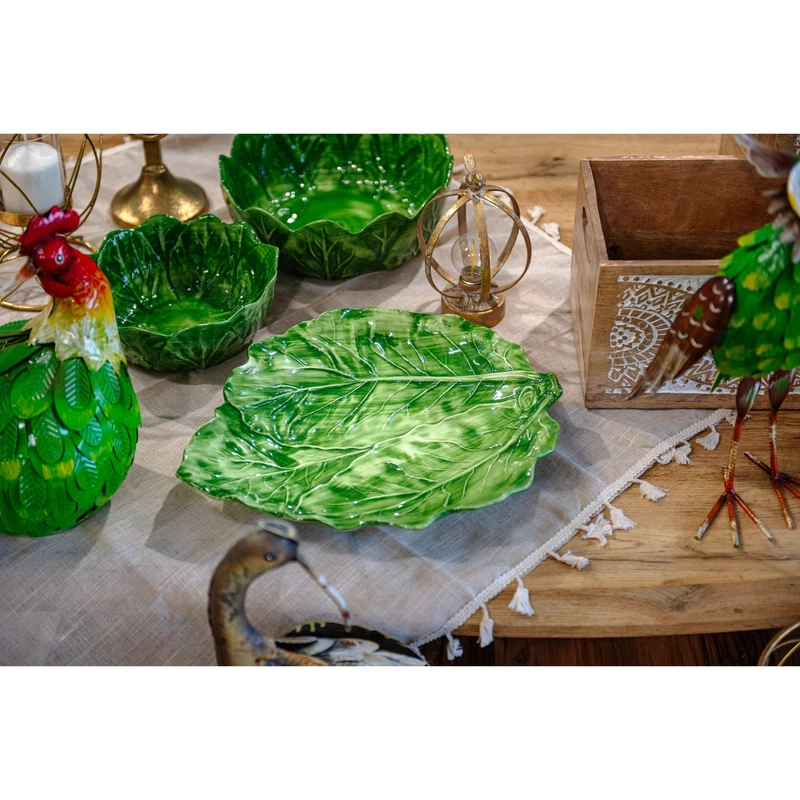 Piatto Foglia di Verza Verde Ceramica Made in Italy Decorativo da Portata 38 cm, fotografia 3 di 9